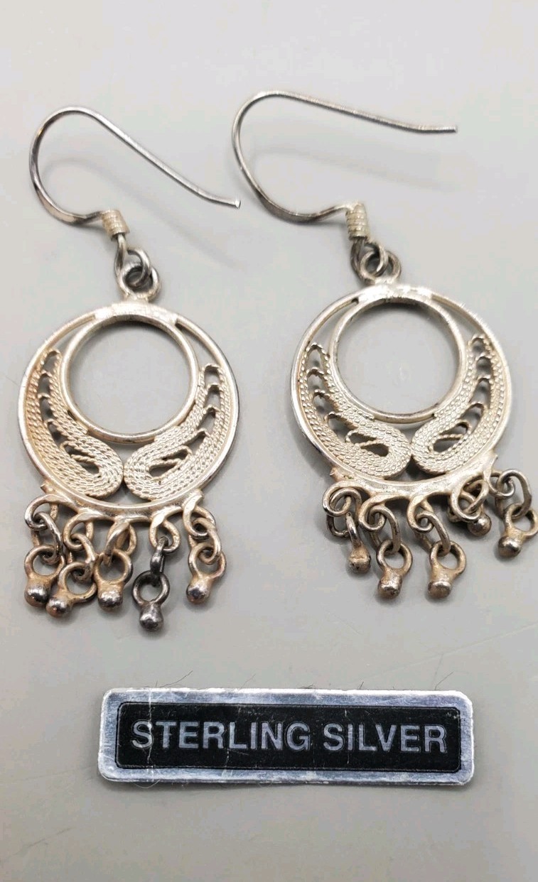 925 Sterling Silver Artisian Vtg Filigree Dangle Pierced Earrings