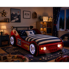 Twin Size Race Car Kids Bed LED Lighted Wheels Wooden Platform Frame Guardrails