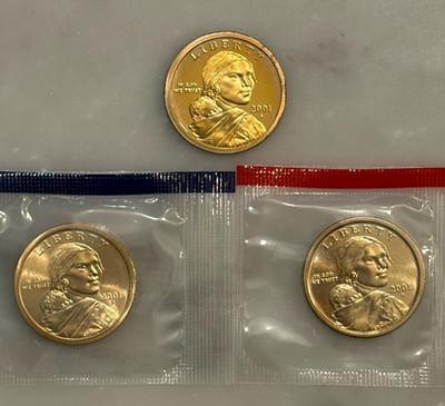 2001 P D S Sacagawea Native American Dollar - Proof & BU 3 Coin Lot - Mint Cello