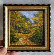 Original Oil Painting Landscape Autumn Forest Framed Small Wall Art 4 x 4 in