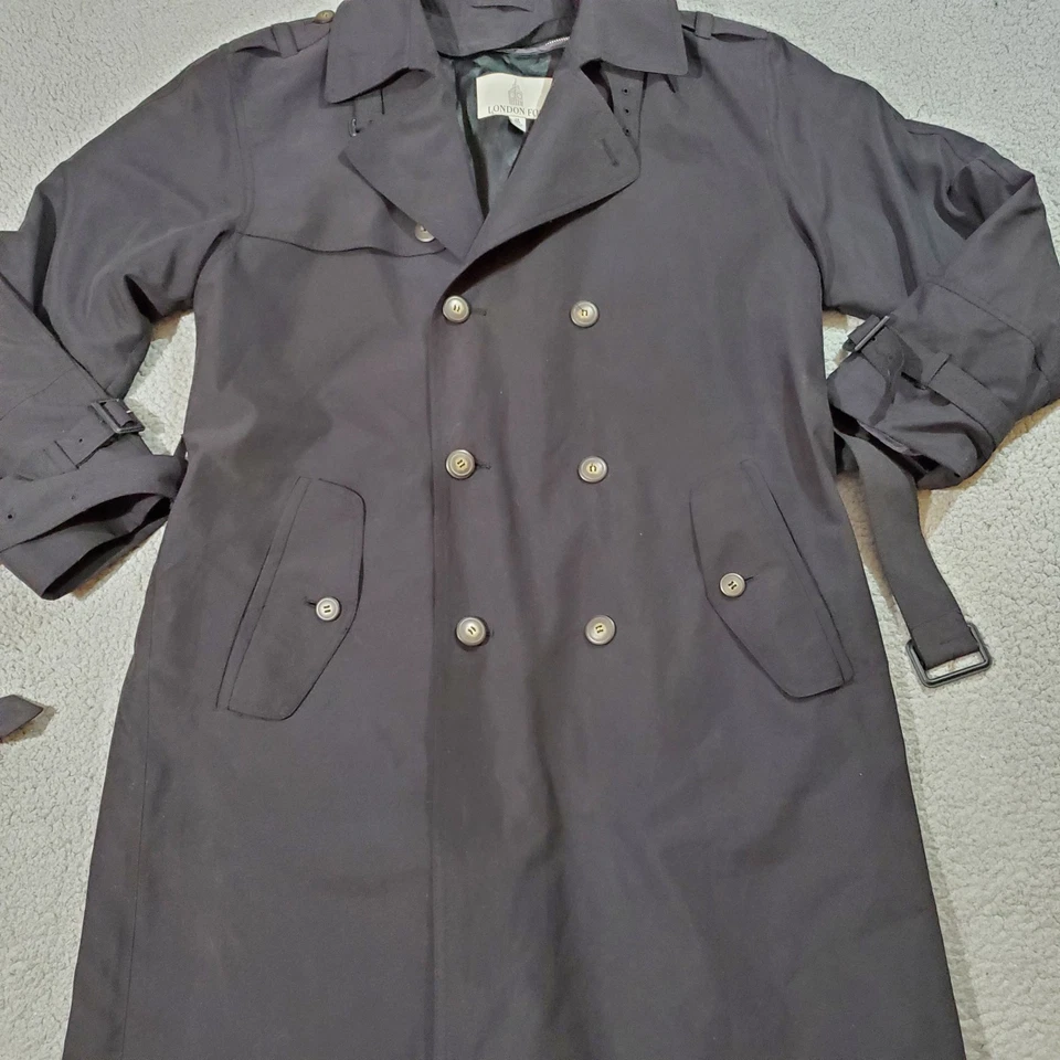 London Fog Trench Coat Mens 38R Black Double Breasted Belted Lined Rain Overcoat - Image 4 of 4