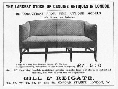 GILL & REIGATE antike Möbel, Oxford St, London - antike Werbung 1907