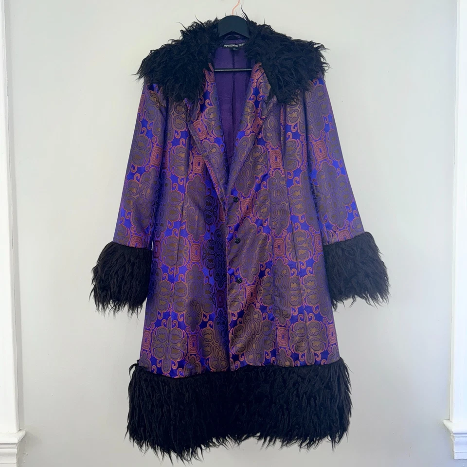 90s vtg VIVIENNE TAM Purple Gold IRIDESCENT Brocade Rave Penny Lane Fur Coat Y2K - Image 2 of 4
