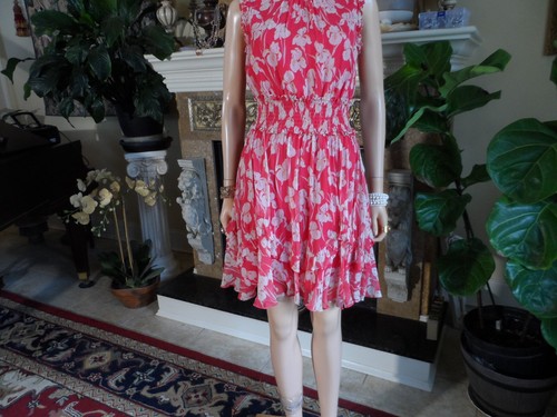 Jason Wu Pink 100% Silk Crepon Floral Print Ruffled - Smoked Waist Dress Size 2 - Picture 14 of 23