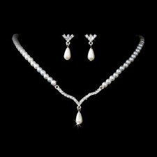 Bridal Wedding Prom Jewelry Set Crystal Rhinestone Teardrop Pearl Necklace