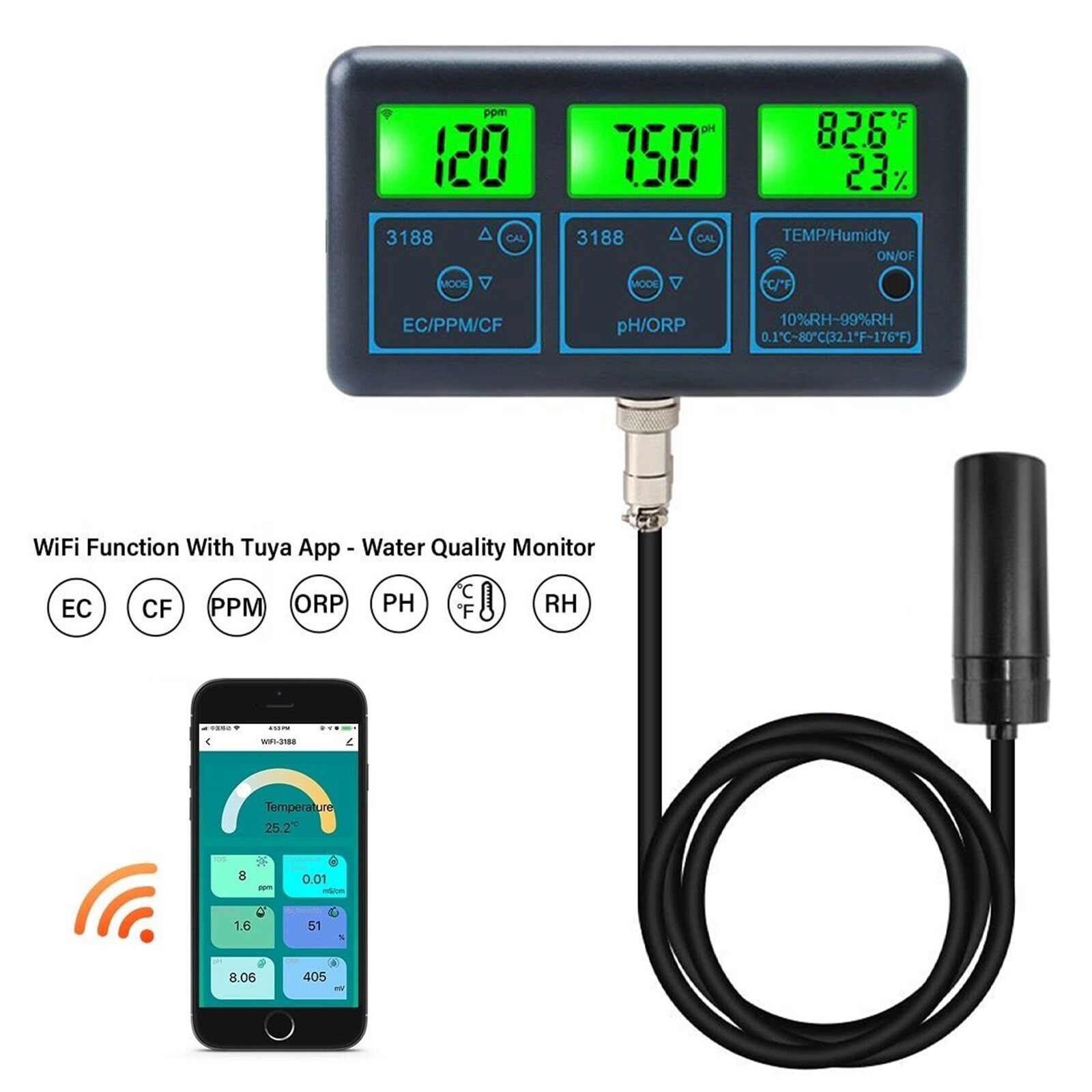 Smart Monitor Fish Tank WIFI SPA Pool Water Quality Meter PH ORP EC PPM Tester