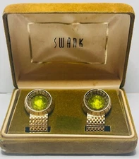 1960 Swank Wraparound Cufflinks Bullet Backs Gold Tone Mesh Green Rhinestones