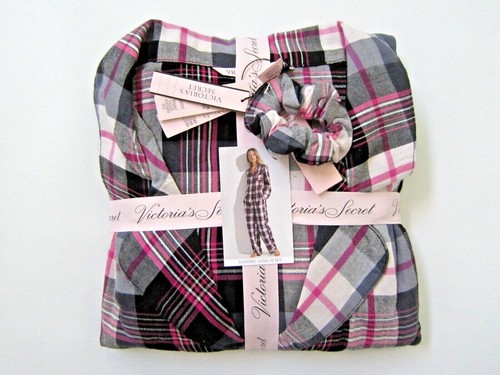 Victoria Secret FLANNEL Pink Buffalo PAJAMAS SHIRT PANT + SCRUNCHIE SET M XL 2XL
