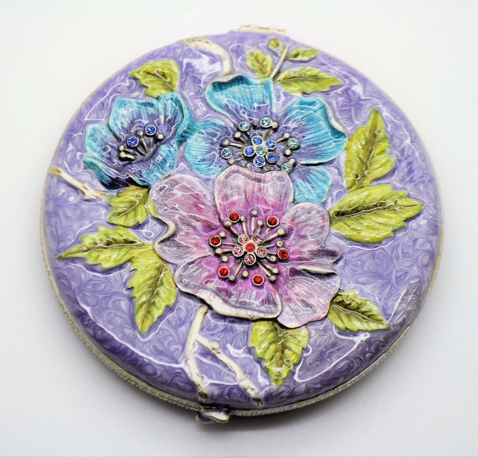 Cartera Doble Compacta Espejo Colorido Flor Estilo Redondo Púrpura Crema Base Foto 3 de 3