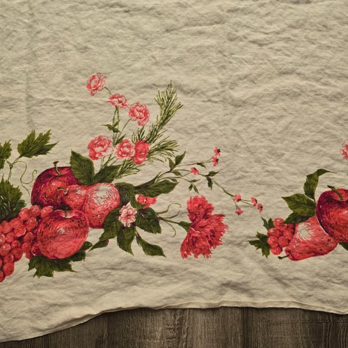 Vintage Tablecloth 50s Fruit Boarder Table Linen 46 x 48 Red Cottagecore Retro - Picture 3 of 17