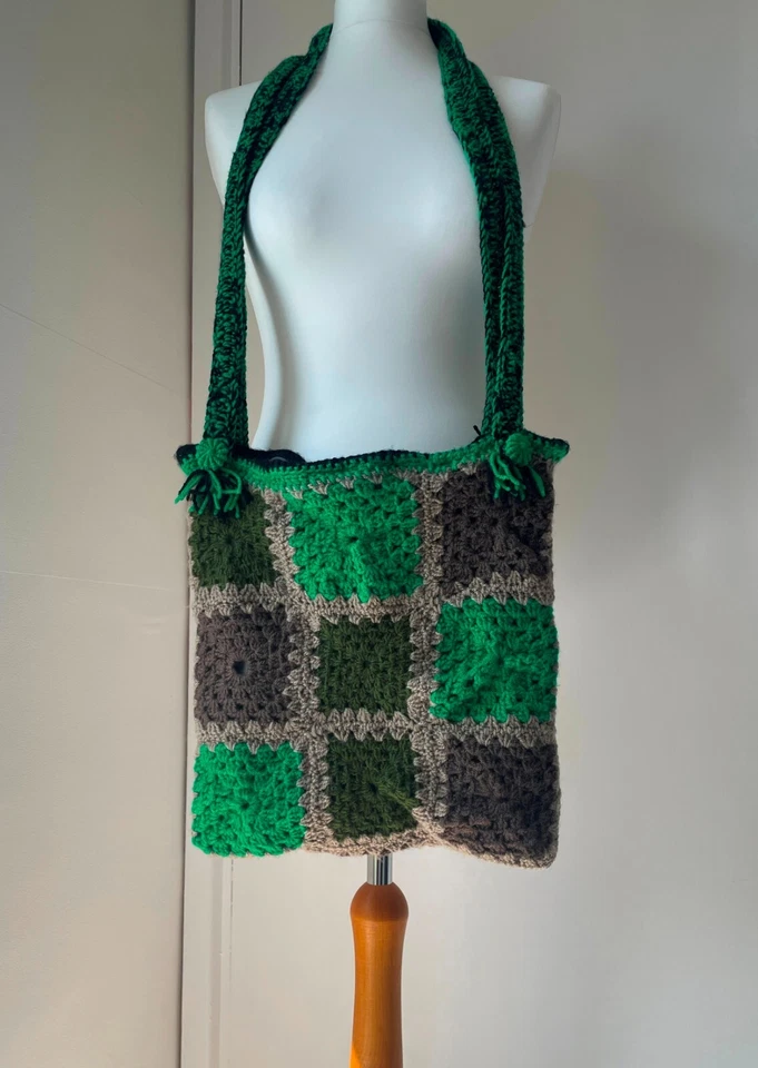 Hand Crocheted Tote Boho Shoulder Granny Square Bag - Green Shades - Image 2 of 4