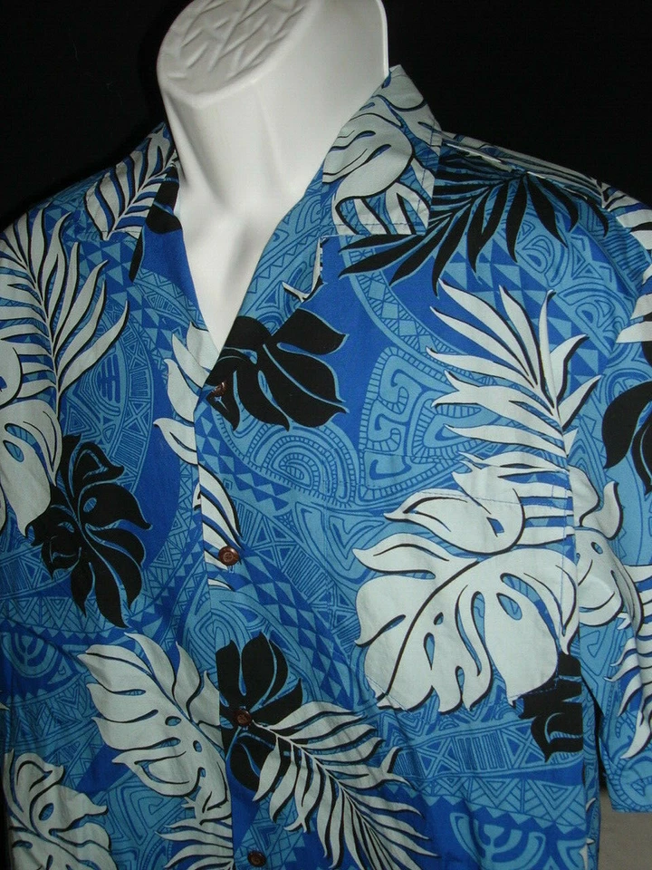 CAMISA HAWAIANA ALOHA REPUBLIC 2 TONOS ESTAMPADO HOJA AZUL 100% ALGODÓN S/S HOMBRE TALLA. L Foto 2 de 4