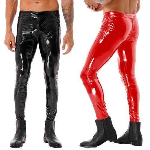 Men's Faux Leather Shiny Tights Skinny Motorcycle Biker Pants PVC Long Trousers - Picture 1 of 22