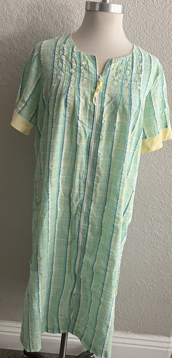 Vintage Aria Nightgown Green Yellow Plaid Cotton Short Sleeve Midi