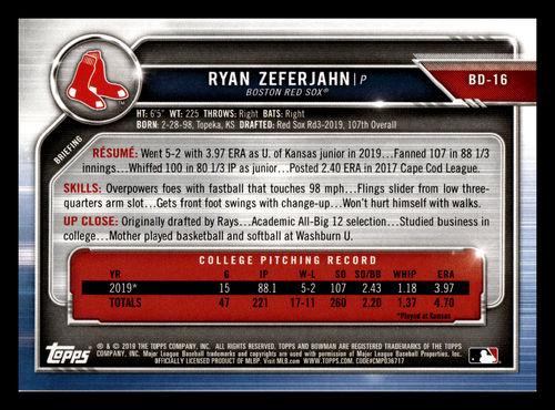 2019 1st Bowman Draft Ryan Zeferjahn Boston Red Sox #BD-16 Mint - Picture 2 of 2