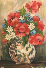 Vintage impressionist oil painting still life with flowers signed