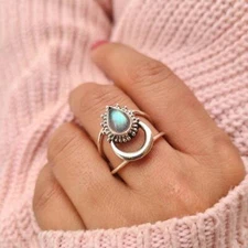Labradorite Moon Solid 925 Sterling Silver Statement Designer Ring All Size M102