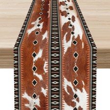 Cow Print Table Runner, Rustic Brown Aztec Western Style Cowhide Southwest An...