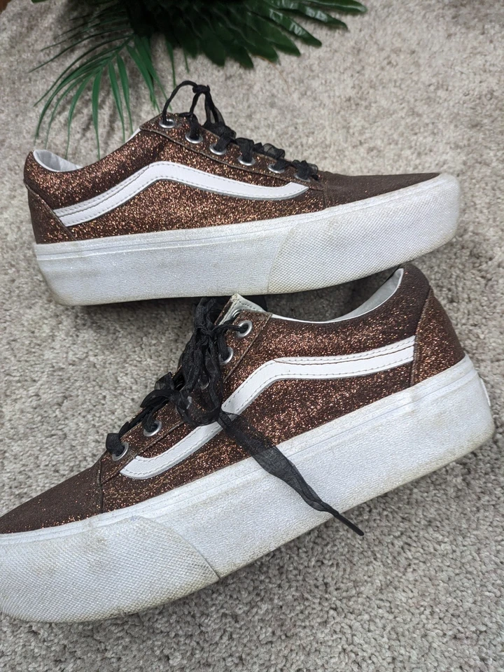 Vans Off the Wall Glitter Old Skool Platform Shoes Womens 7.5 Bronze Sneakers - Image 3 of 4