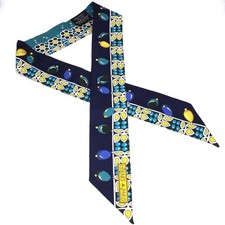 HERMES Silk Twilly Scarf PARIRES DES MAHARAJAS Maharaja s Ornaments Blue Navy Gr