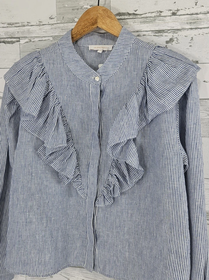 Olivaceous 100% Linen Blue Striped Ruffle Button Front Blouse Cropped Womens M - Image 2 of 4