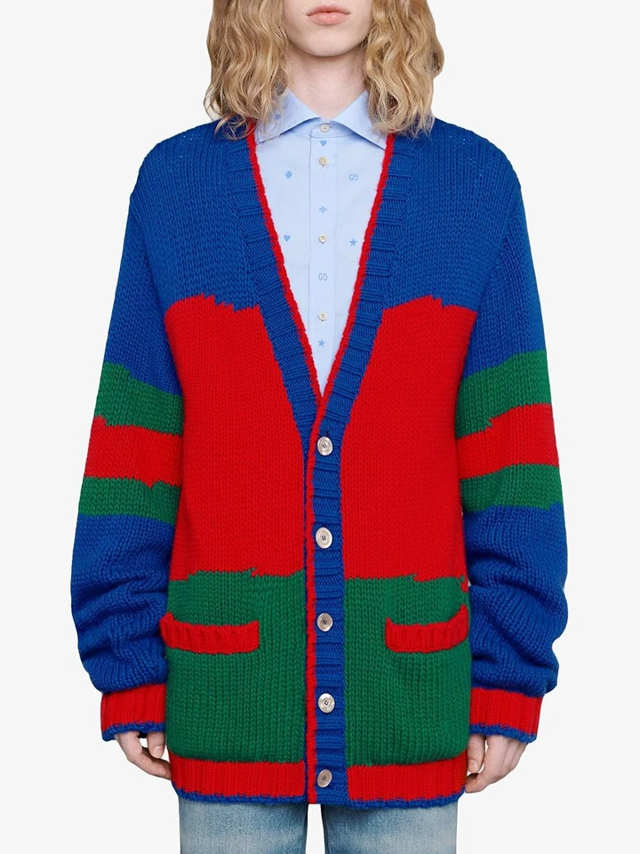 GUCCI MENS SWEATER OVERSIZED COLORBLOCK KNITTED CARDIGAN $1,350 sz L Large - Image 2 of 4