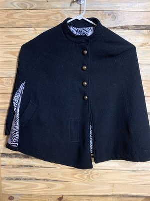Heart Soul Black Cape Jacket Zebra Lined Women s Size L Button Front Poncho ￼