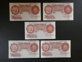 5No. 1950/55 BEALE & O'BRIEN (GB/ENGLAND) 10/ BANKNOTE COLLECTION CRISP GF VF