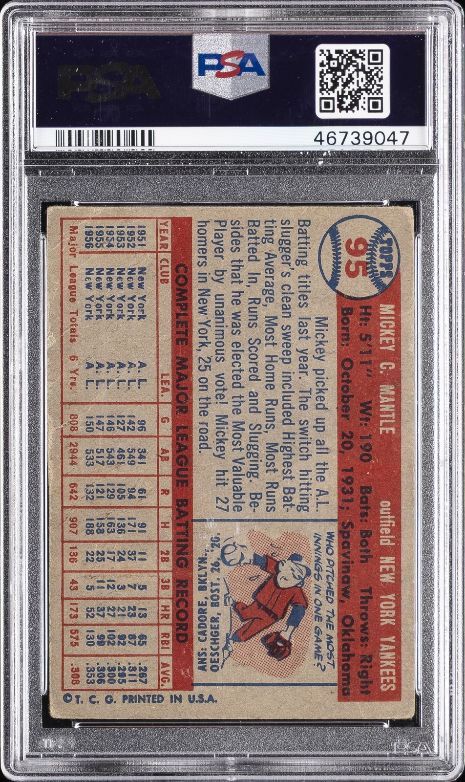 1957 TOPPS #95 MICKEY MANTLE PSA 2 view 2