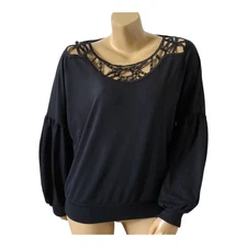 VENUS Womens Size Medium Black Long Sleeve Cut Out Beaded Scoop Neck Shirt