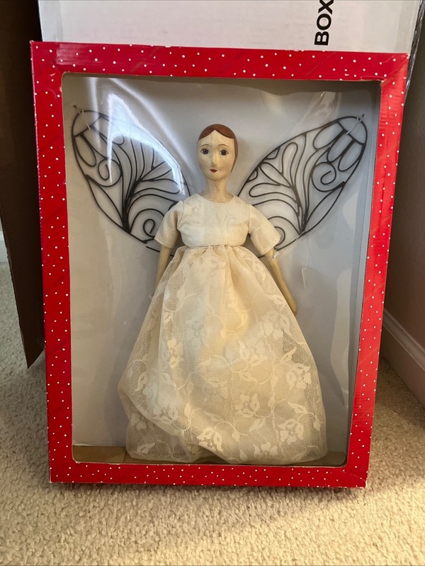 Folk Art Vintage Lady Angel Tree Topper New in Box 1999 Dillards Dept. Store