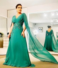 Hunter Chiffon Mother Of The Bride Dresses With Cape Sleeves V-Neck Long Groom