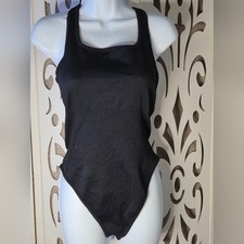 OQQ Womens XL Black Ribbed Racerback Thong Bodysuit Stretch Sleeveless NWOT