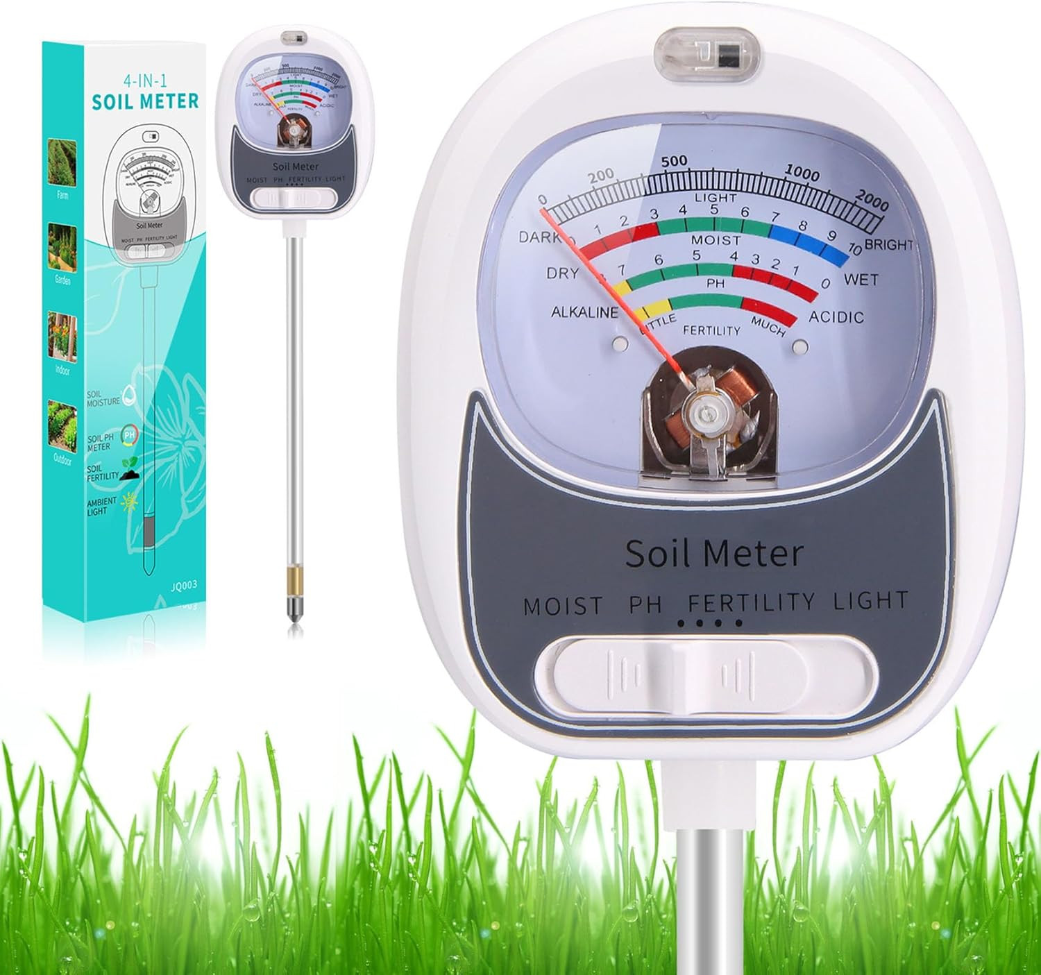 4-In-1 Soil Test Kit – Soil Moisture Meter, Ph, Fertility & Sun-Light, No Batter