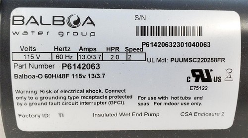 Century Balboa PUUMSC220258FR P6142063 6142063 Spa Pump 1.5 HP 2 Spd 48F 115V - Picture 9 of 10