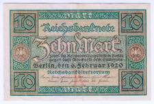 1920 Germany 10 Mark 9431901 Reichbanknote Paper Money Banknotes