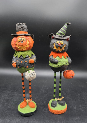 Folk Art Paper Mache Grinning Black Cat & Pumpkin Head Figure 11''