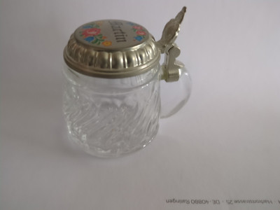 kleiner Zinnkrug Bierkrug Schnapskrugerl alt Glas mit Zinndeckel Martin