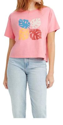 Levi s Graphic Short Stack T-Shirt Size M Pink Monstera Leaf Cropped Boxy Skater