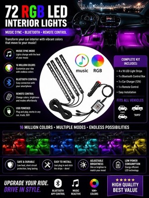 Car LED Interior Lights with Music Sync  72 RGB LEDs, Bluetooth & Remote Control