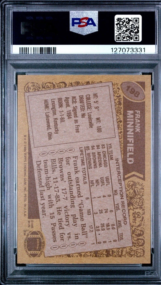 1986 TOPPS #198 FRANK MINNIFIELD PSA 8 NM-MINT ROOKIE RC CLEVELAND BROWNS - Image 2 of 2