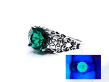 Sterling Uranium Glass Ring Rare Dark Green Tourmaline Color 925 Silver Filigree
