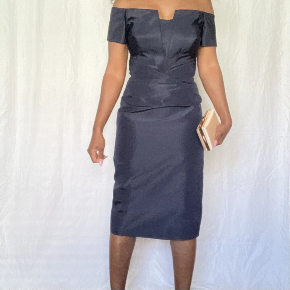 Vestido formal Zac Posen azul marino 100% seda tafetán fuera del hombro cóctel talla 2 Foto 2 de 4