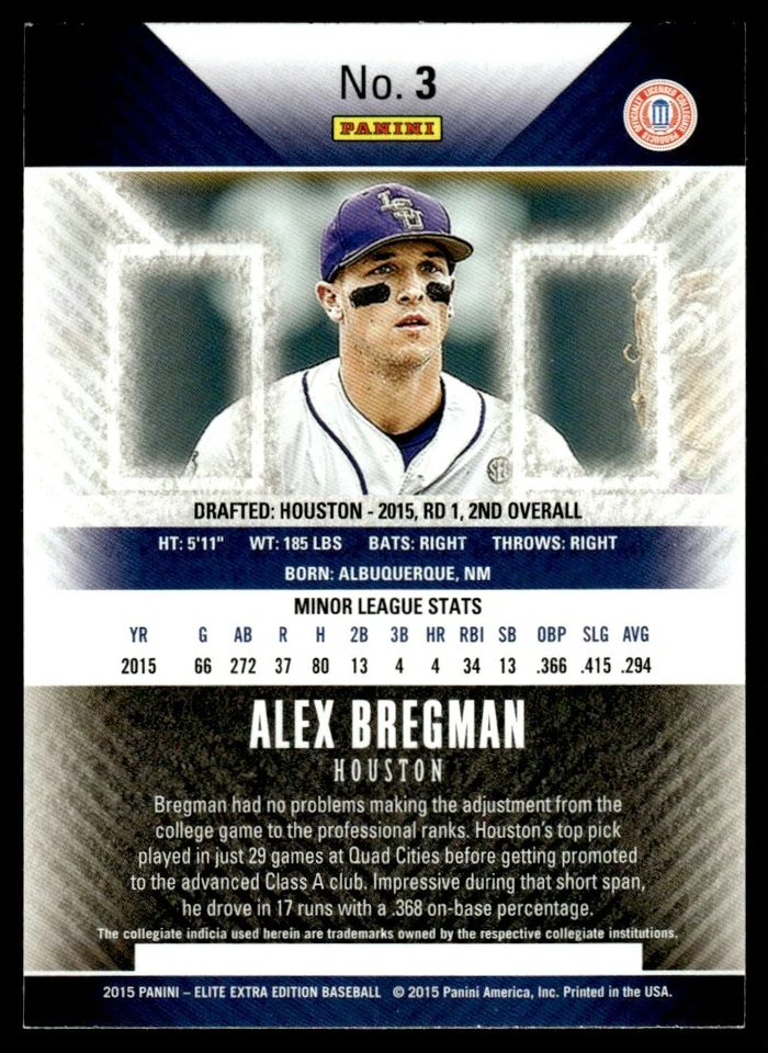 2015 Panini Elite Extra Edition Alex Bregman Rookie Houston Astros #3 - Image 2 of 2