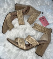 Sam  Libby Esther Tan Suede Strappy Fringe High Chunky Heel Sandals Sz 10