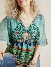 NWT $130 Farm Rio Anthropologie IDIYA XS Green Blue Floral Peplum V-Neck Blouse