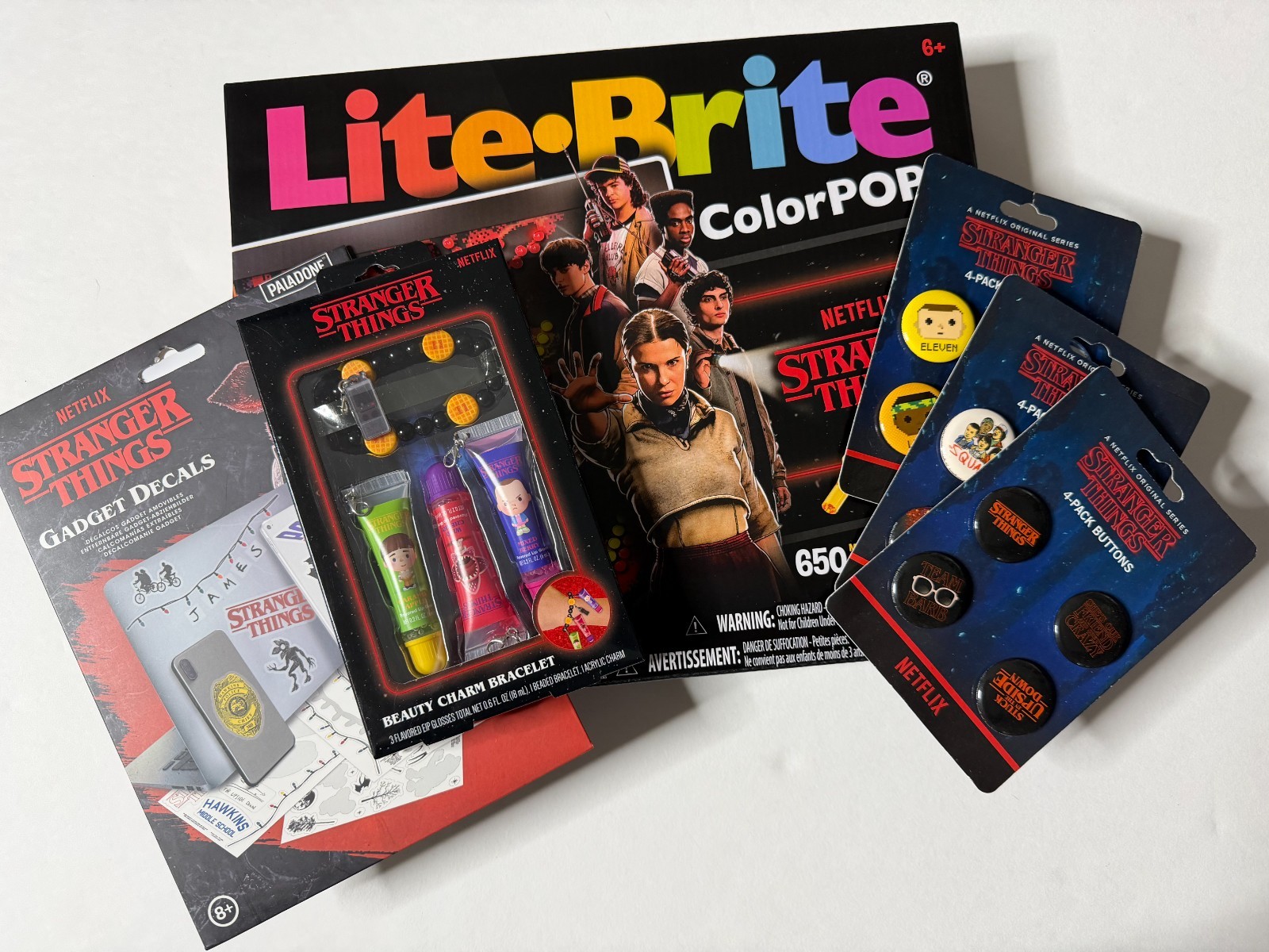 Netflix's STRANGER THINGS FAN PACK [NEW] - Lite Brite, lipgloss, buttons, decals