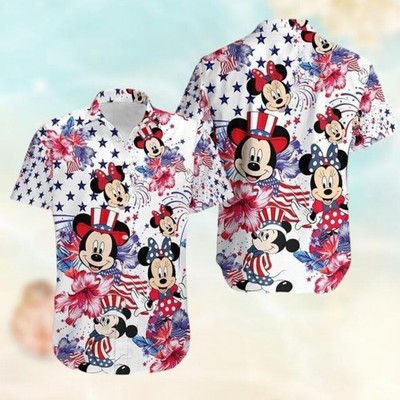 Disney Mickey Mouse 4th Of July Floral American Beach Aloha Hawaiian Shirt