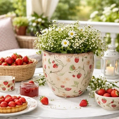 Blumentopf Übertopf Erdbeere Krakellee Keramik Clayre & Eef 3 Größen Sommer - Bild 1 von 4