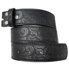 Leather Belt Strap with Embossed Western Scrollwork 1.5 Wide with Snaps Black-L